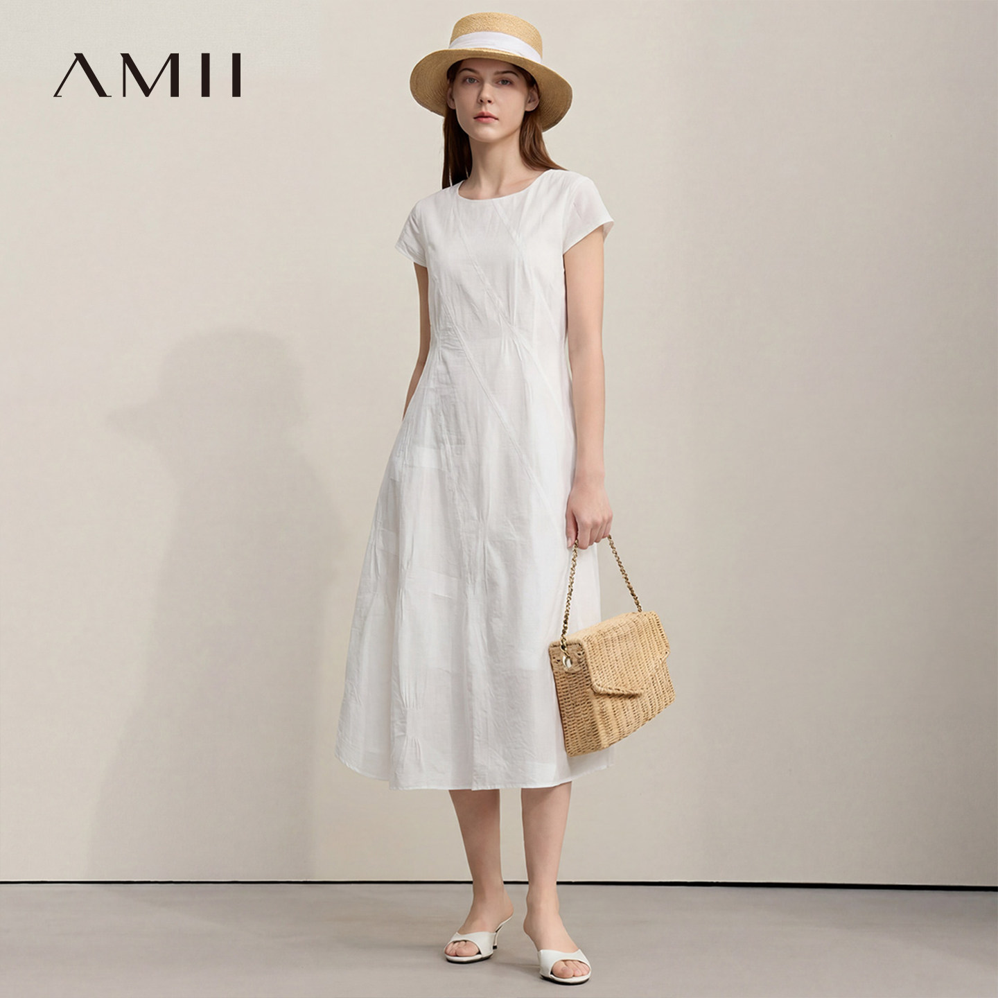 Amii【棉质连衣裙】26夏法式气质通勤连衣裙女夏小个子连衣裙高档