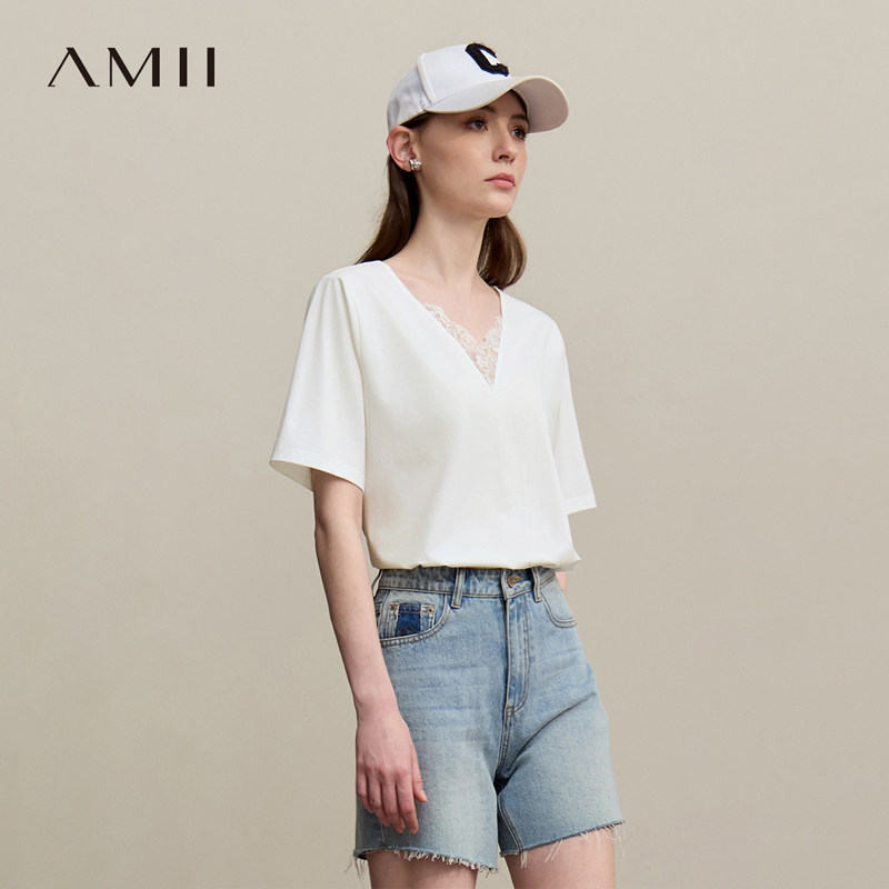 Amii2026夏新款弹力丝光棉拼接睫毛蕾丝V领T恤女一字带露背上衣