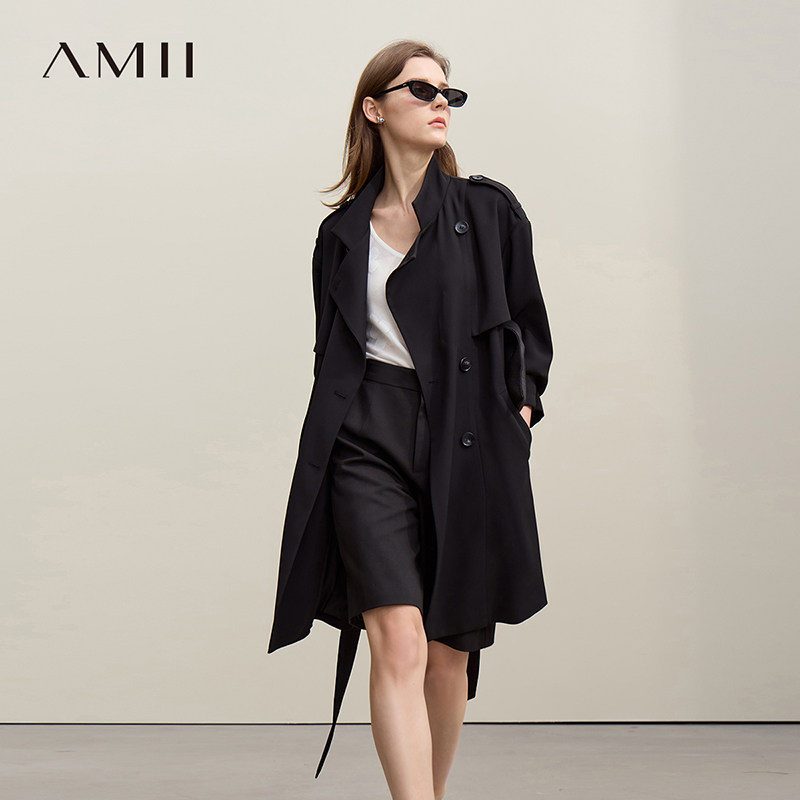 Amii2026春新款飒美通勤风落肩袖系腰带双排扣风衣女宽松垂感上衣