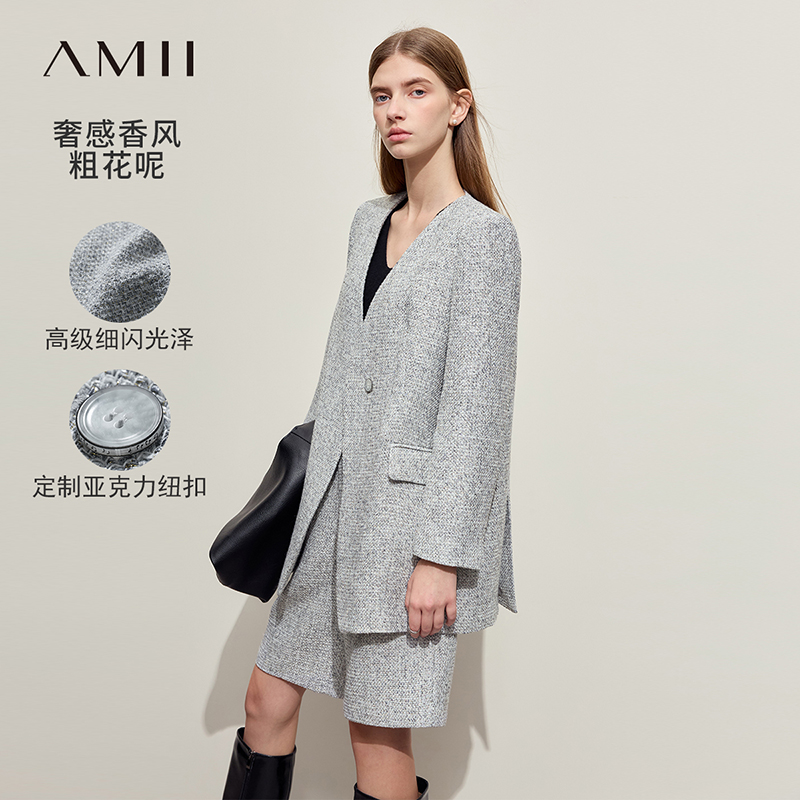 Amii2025春新款香风粗纺西装休闲短裤五分裤套装女高级通勤两件套