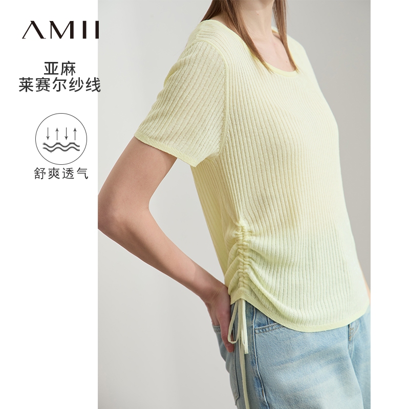 Amii2025夏新款休闲圆领亚麻莱赛尔毛针织衫女抽绳绑带短袖上衣