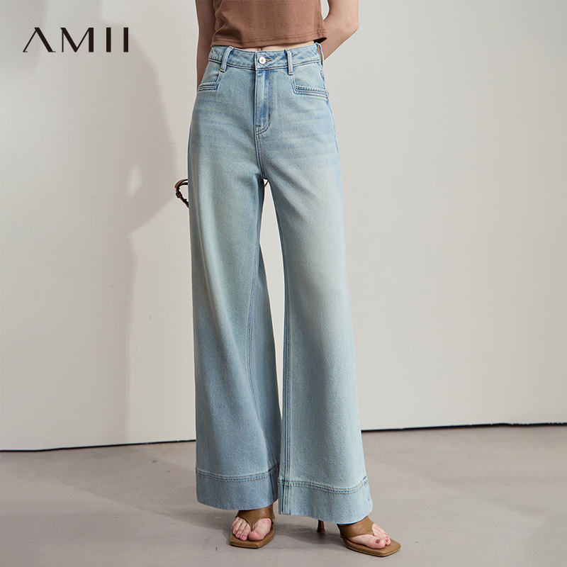 AMII【复古港风】2025秋季复古怀旧港风宽松哈伦牛仔长裤牛仔裤女