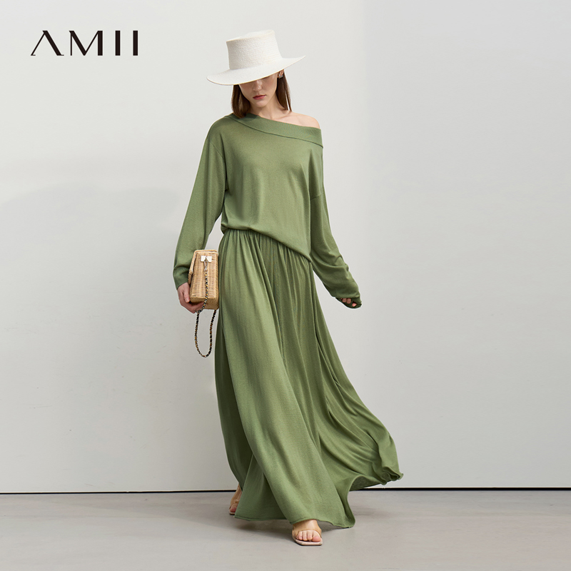 Amii2026春新款极简羊毛纱落肩针织衫长款大A裙摆半身裙套装