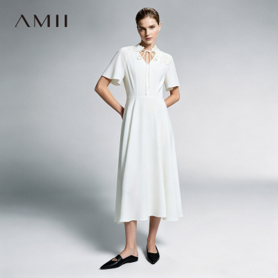 Amii2026夏新款度假风立领V领拼接蕾丝绑带连衣裙女短袖雪纺裙子