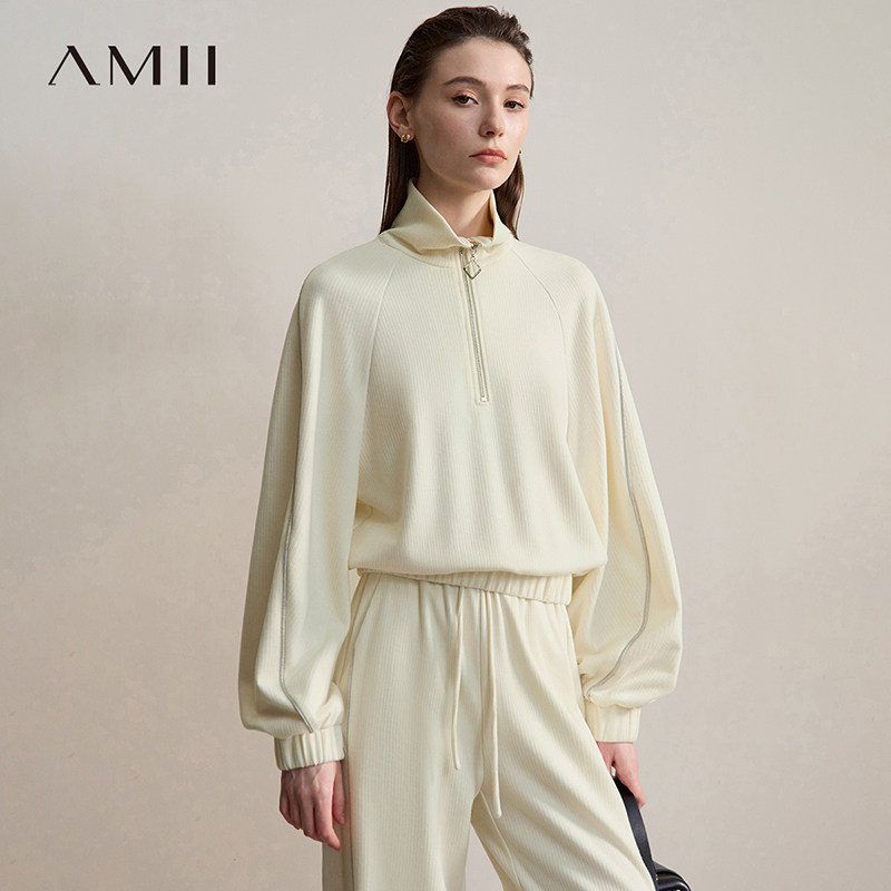Amii2026秋新款休闲百搭高领拉链半门襟套头插肩袖宽松微弹卫衣女