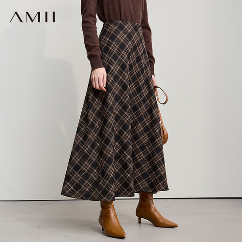 Amii【含绵羊毛】26秋冬复古英伦风含绵羊毛格纹A字长款款半身裙