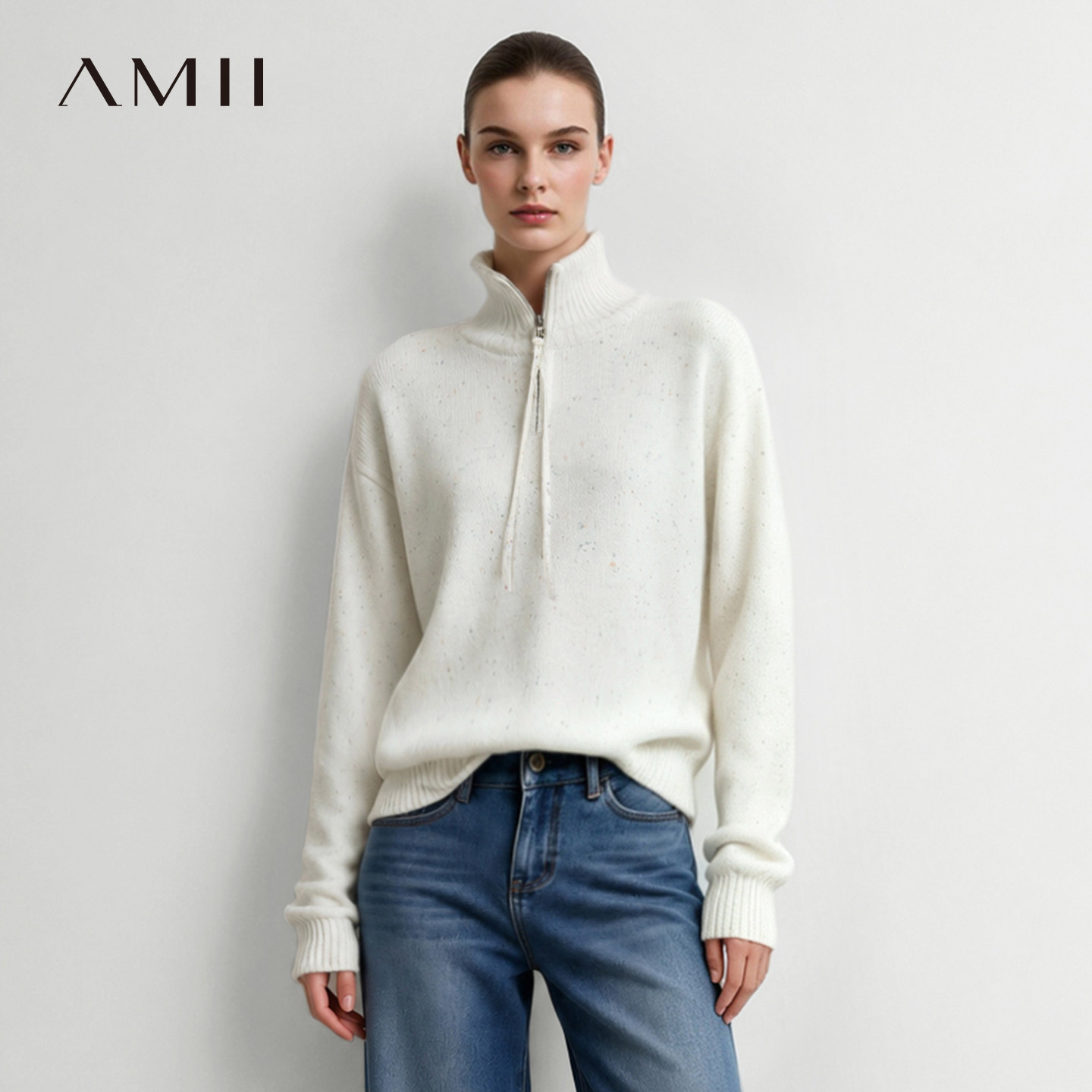 Amii2026秋新款复古通勤彩点纱高领半开襟毛衣女宽松落肩袖上衣