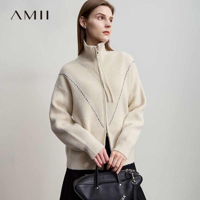 Amii【韩版休闲】韩版休闲双开拉链高领长袖针织外套秋冬外套毛衣