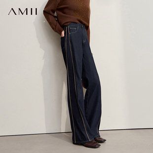 Amii2025冬新款港风宽松无弹加绒莱赛尔棉中低腰阔腿牛仔长裤女