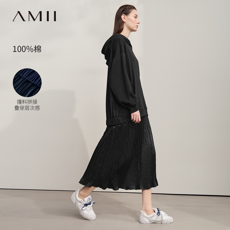 Amii2025秋新款休闲撞料拼接假两件连衣裙女超宽松连帽落肩袖裙子