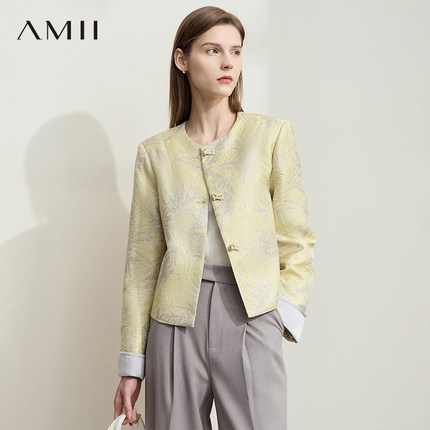 AMII新中式小香风短外套女春秋款2025新款圆领国风盘扣小个子上衣