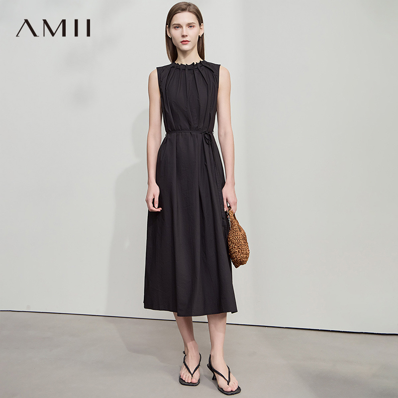 AMII【法式气质连衣裙】法式气质无袖长款连衣裙收腰绑带连衣裙
