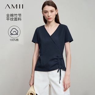 上衣 Amii2025夏新款 时尚 休闲V领全棉T恤女抽褶百搭短袖 打底衫