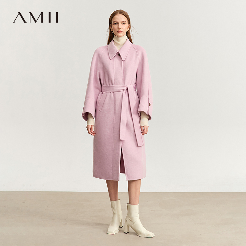Amii2025冬新款轻奢绵羊毛双面呢子大衣长款翻领配腰带外套上衣