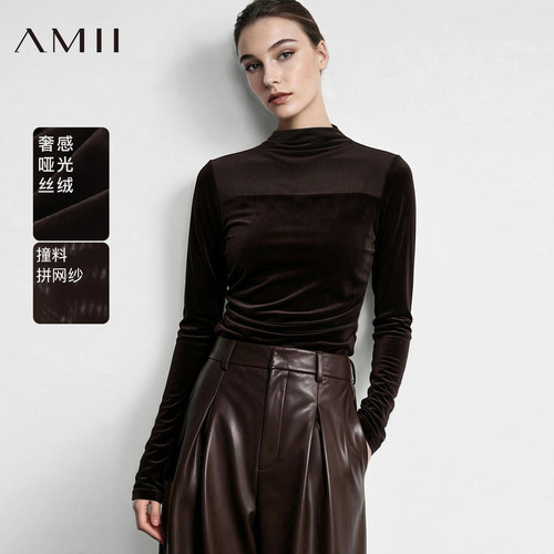 Amii2026秋新款优雅半高领网纱拼接丝绒T恤女修身显瘦弹力上衣
