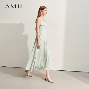 Amii2026夏新款极简纯色长款大A摆薄雪纺吊带连衣裙女款