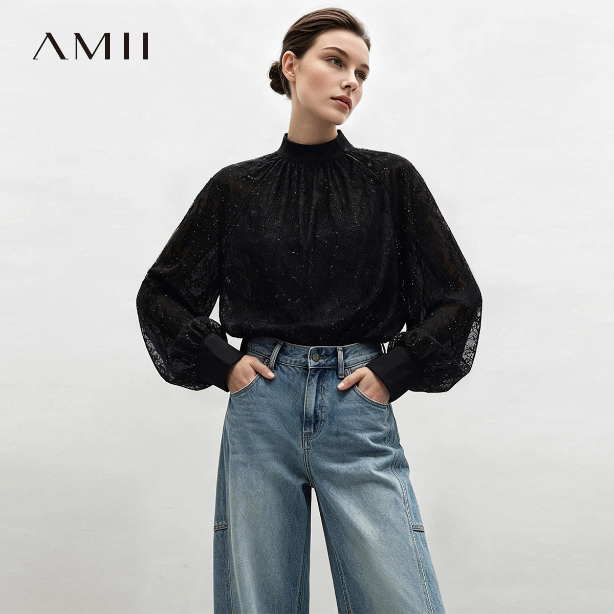 Amii2026秋新款优雅通勤风立领珠片蕾丝插肩袖衬衫女宽松衬衣上衣