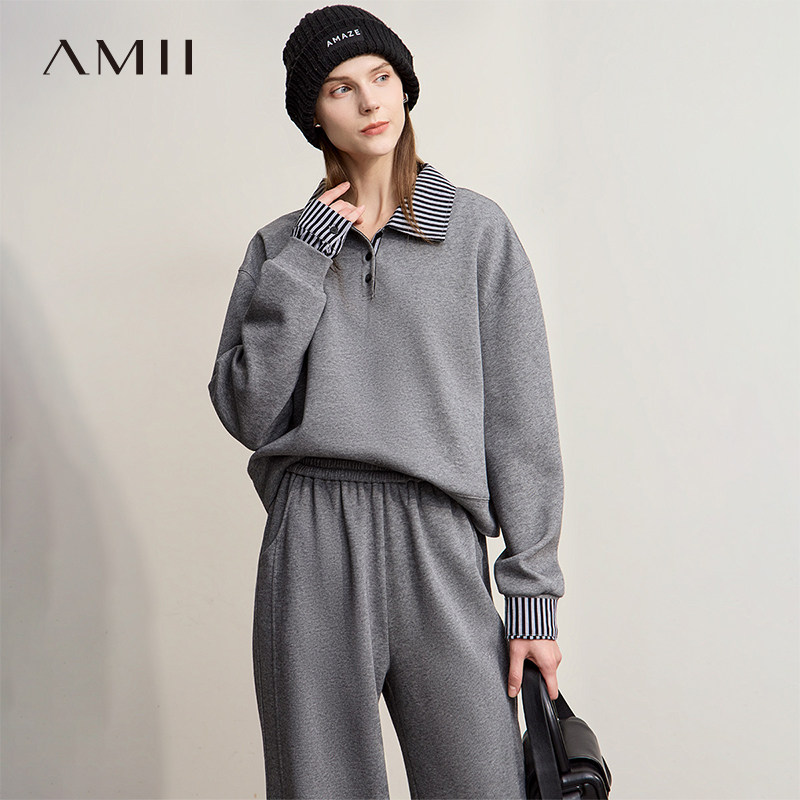 Amii【慵懒风】韩版休闲立领套头卫衣卫裤运动风女装两件套装女