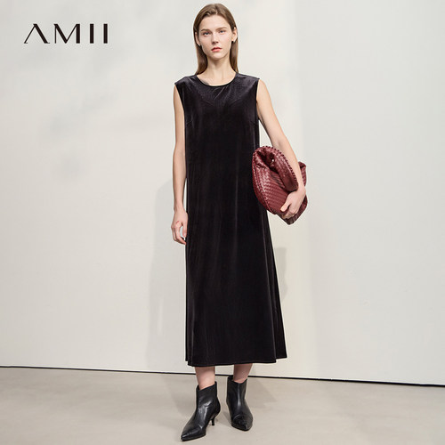 Amii【法式优雅】26秋冬优雅通勤圆领无袖丝绒连衣裙女秋冬连衣裙