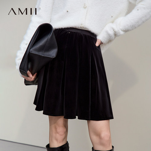 Amii【百褶短裙】26秋冬减龄学院风高腰简约A字金丝绒短裙女