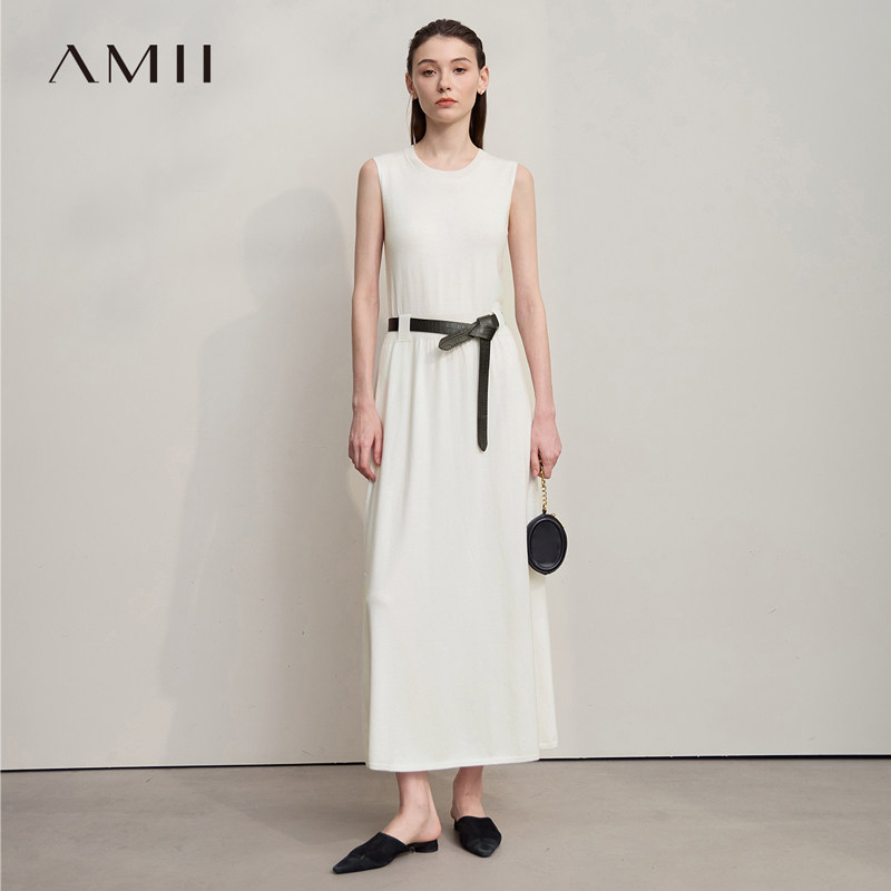 Amii2026秋新款极简纯色合体长款弹力圆领无袖套头连衣裙女