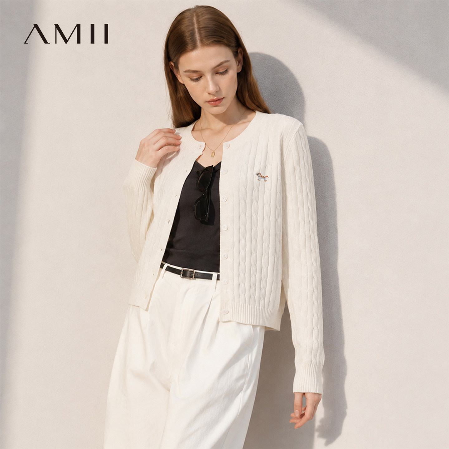 Amii【含绵羊毛】2026秋装上新韩版休闲简约针织衫开衫外套女春秋