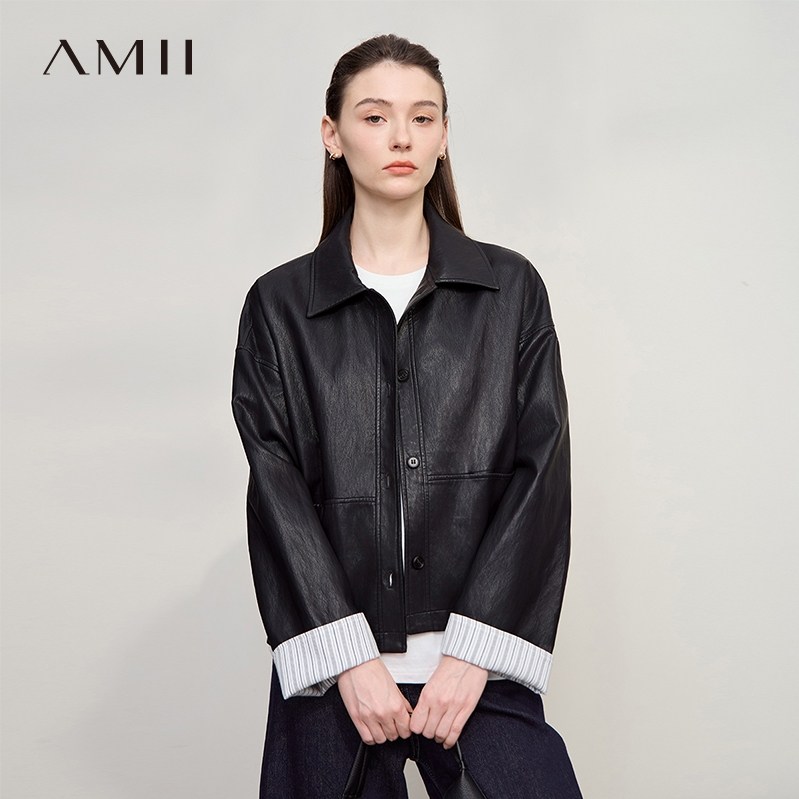 Amii【撞色PU皮衣】2026春新款简约复古风袖口拼接撞色PU皮衣外套