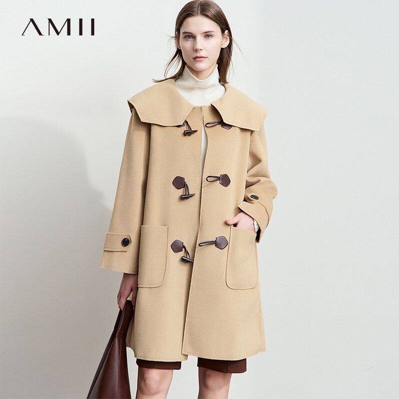 Amii【英伦风】2024秋冬经典英伦学院风中长款款大衣毛呢大衣外套