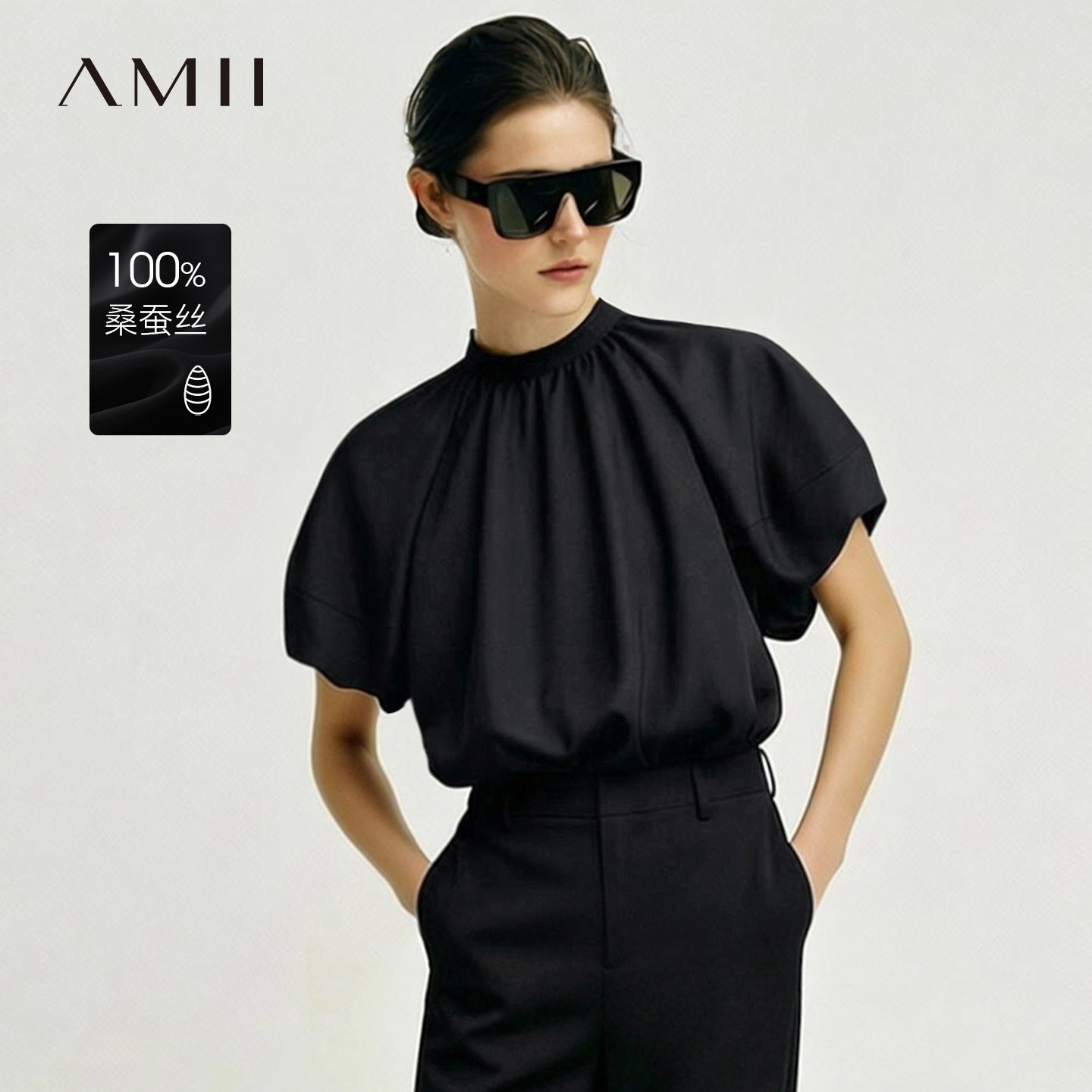 Amii2026夏新款减龄插肩袖泡泡袖真丝上衣女蝴蝶结盘扣桑蚕丝小衫