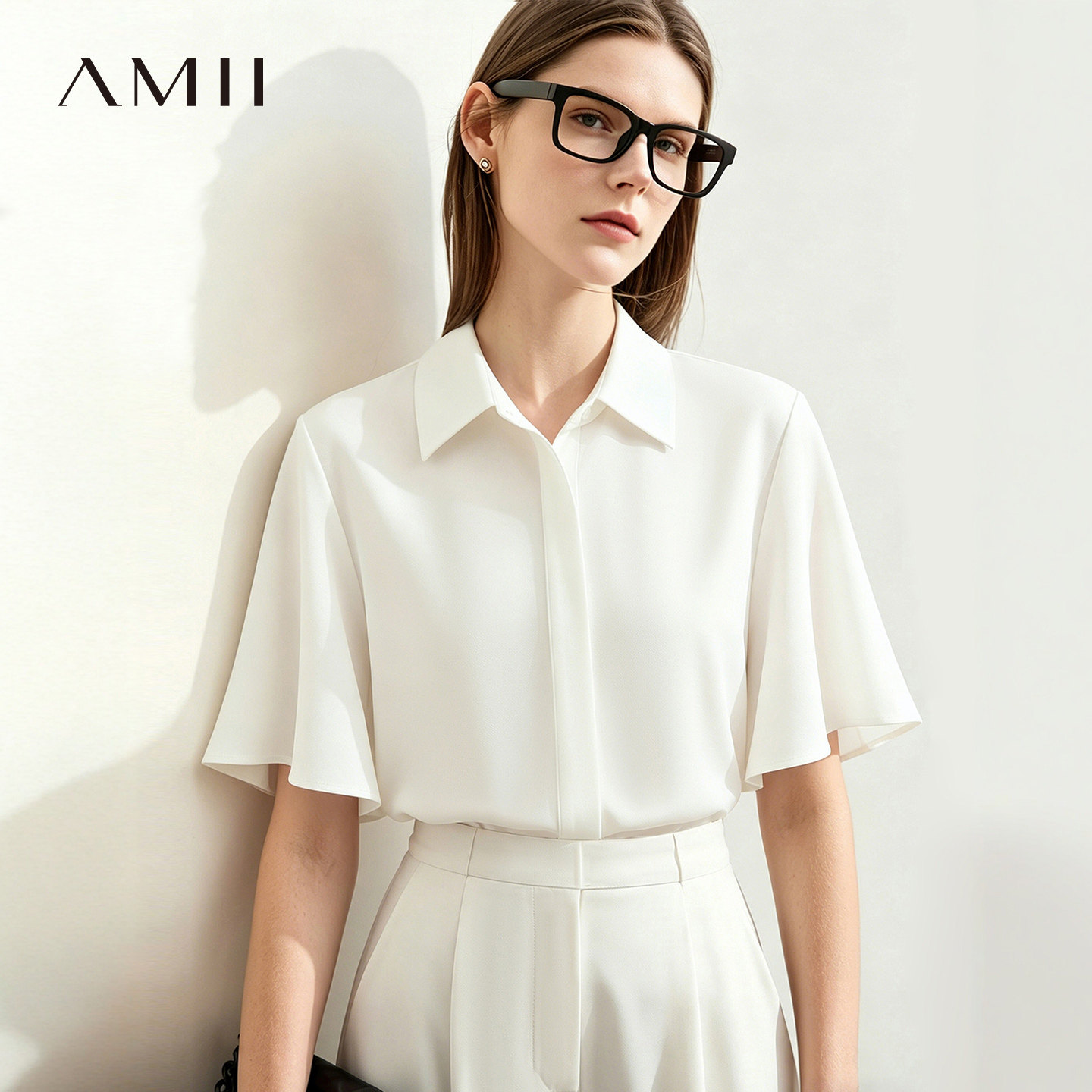 Amii2026夏新款优雅通勤风翻领蝴蝶袖衬衫女宽松短袖雪纺衫上衣