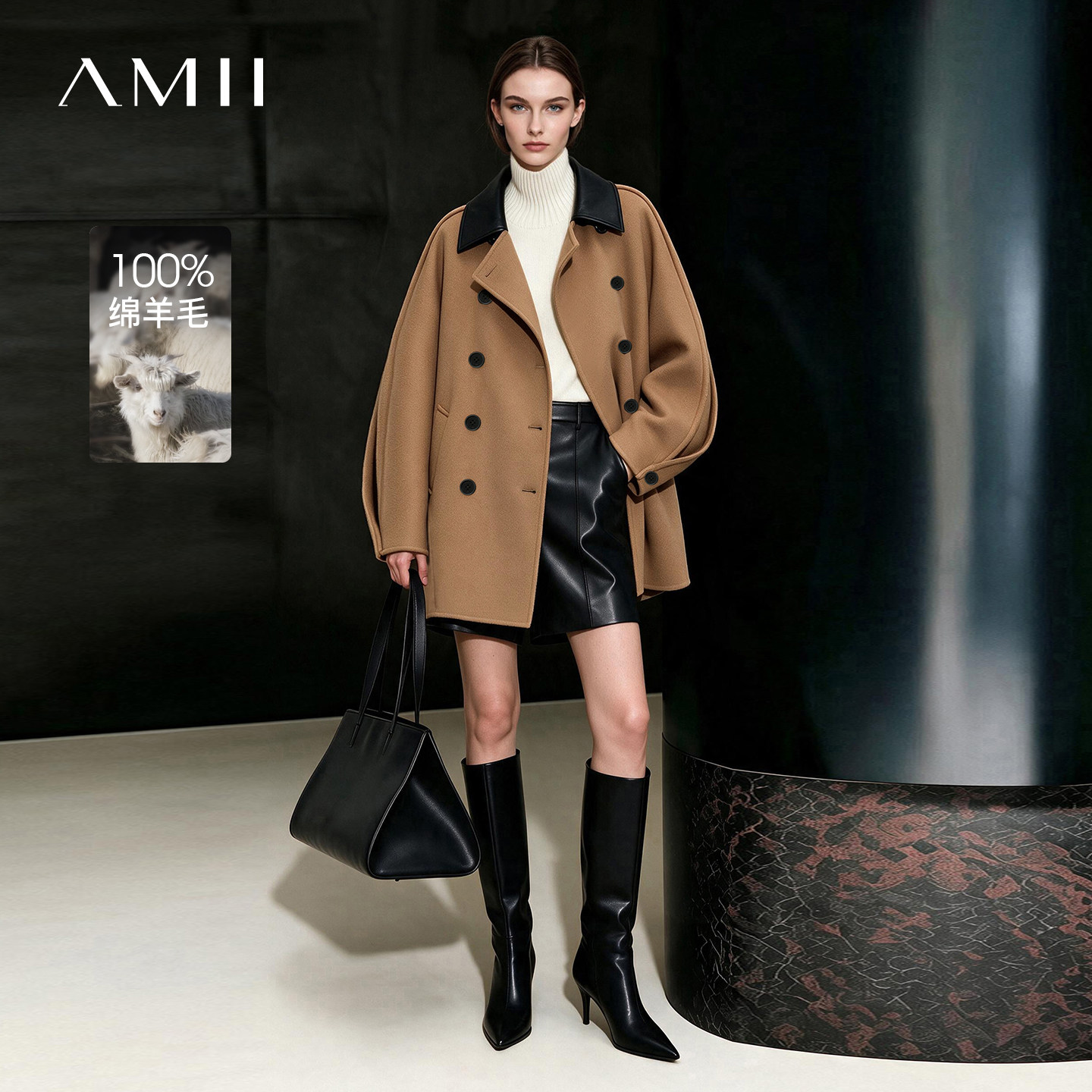 Amii2026冬新款皮质翻领全羊毛双面呢女蝙蝠袖超宽松双排扣上衣