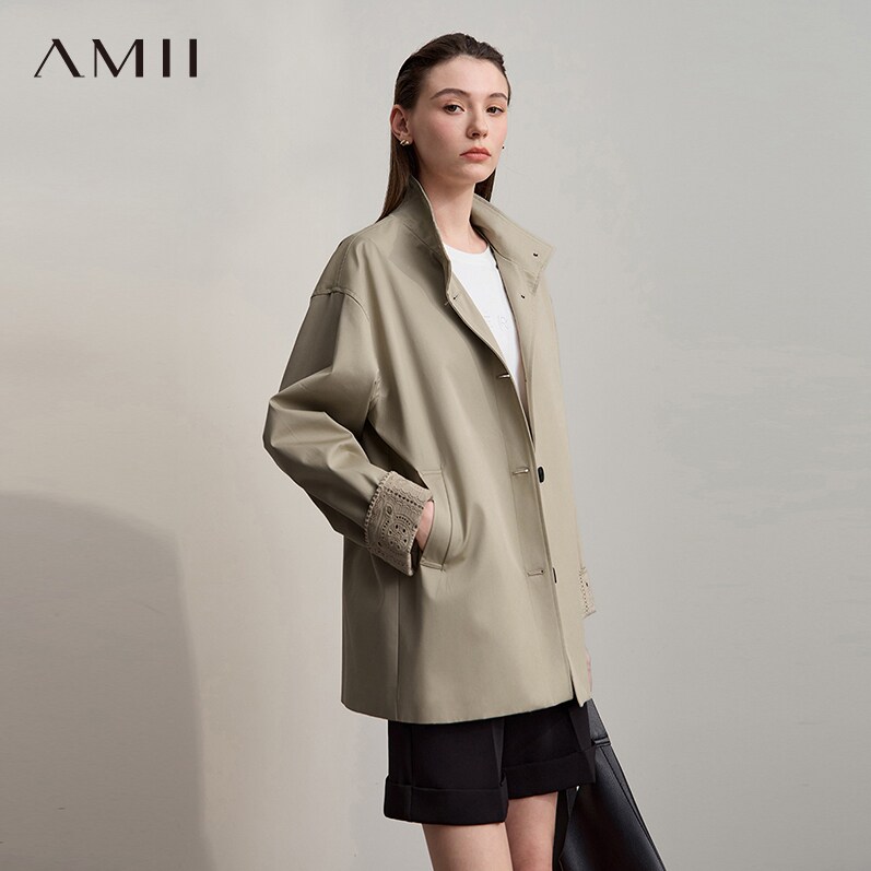 Amii2026秋季简约日系风袖口撞色中长款款款翻领风衣外套女