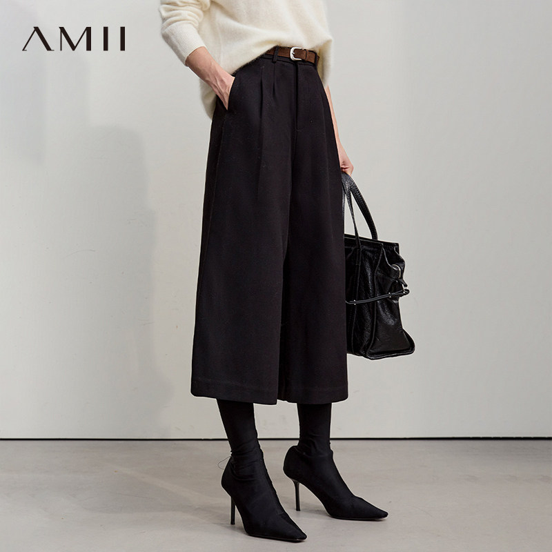 Amii【厚款毛呢七分裤】秋冬时尚百搭直筒七分加厚款毛呢休闲