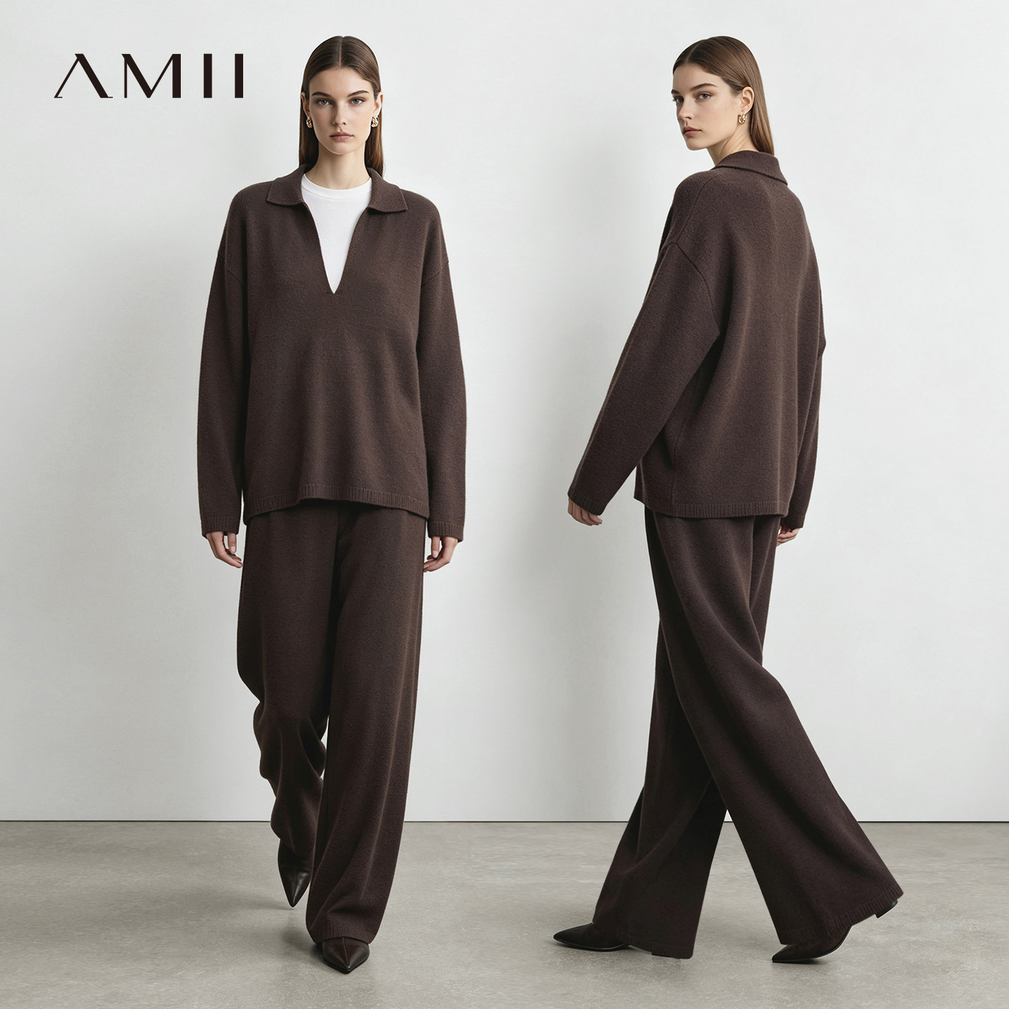 Amii2026冬新款翻领落肩袖毛衣橡筋高腰阔腿休闲长裤套装女两件套