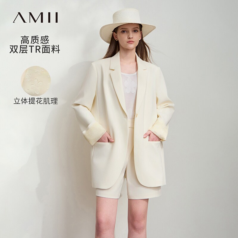 Amii高级感翻驳领一粒扣垫肩宽肩西装女春秋款宽松中长款西服外套