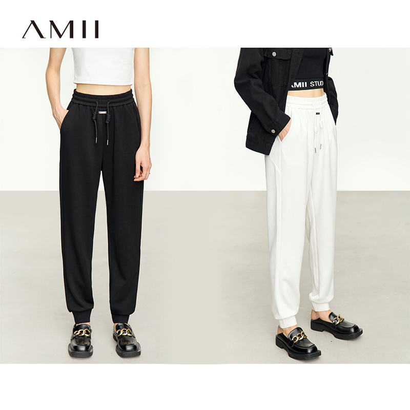 Amii2025春新款运动休闲风橡筋抽绳束脚裤休闲裤长裤女黑色裤子