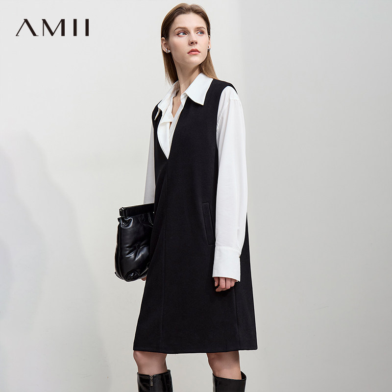 Amii【含绵羊毛】2026秋冬极简风无袖毛呢直筒背心中长裙连衣裙