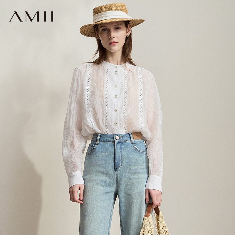 AMII【法式优雅】法式复古宫廷风个性蕾丝镂空长袖衬衫女秋秋