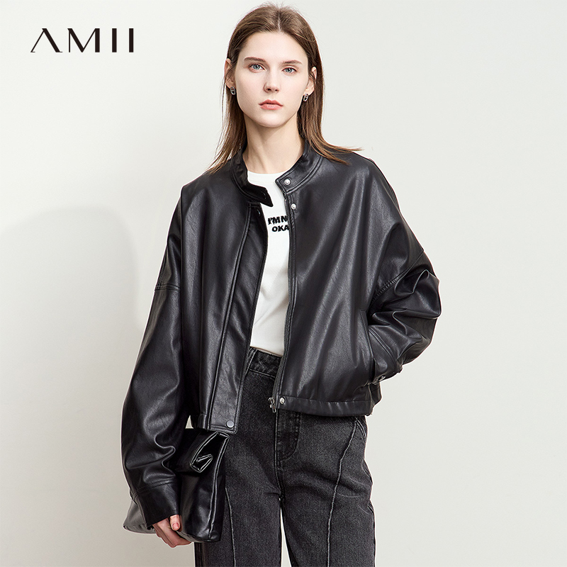 复古帅气廓形PU皮衣夹克立领外套