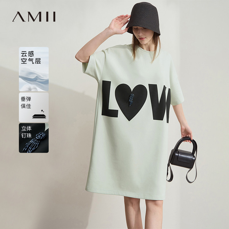 Amii2025夏新款慵懒风松弛感宽松弹力中长款空气层印花短袖连衣裙