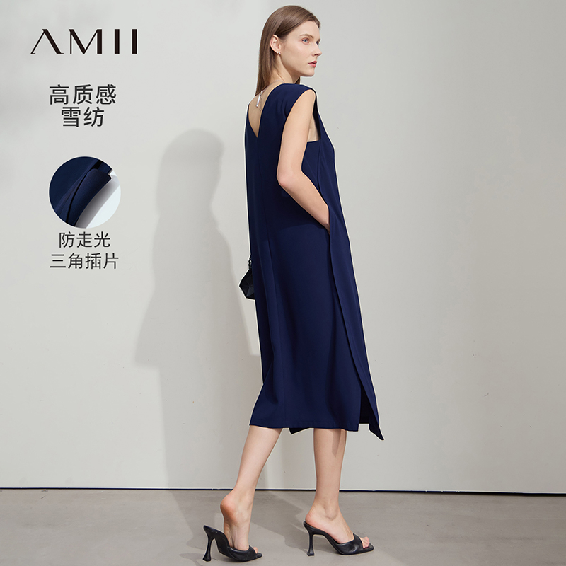Amii前圆后v领露背背心裙女夏2025新款宽松中长款开叉雪纺连衣裙