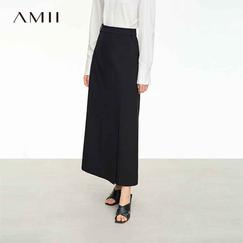 Amii极简半身裙女2025夏季新款长款通勤A字裙高开叉羊毛黑色裙子