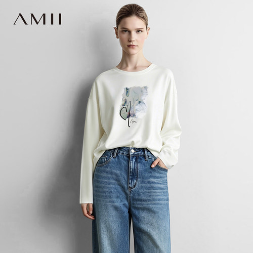 Amii2026秋新款休闲风圆领抽象直喷印花刺绣T恤女宽松长袖上衣