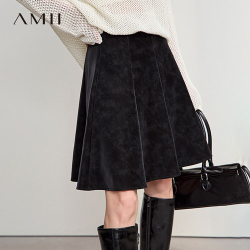 Amii【A字伞裙】2026秋复古麂皮绒高腰简约显瘦A字伞裙女半裙