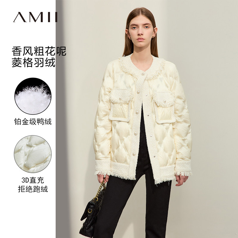 Amii小香风粗花呢羽绒服2026冬新款夹克拼接圆领仿珍珠扣鸭绒外套