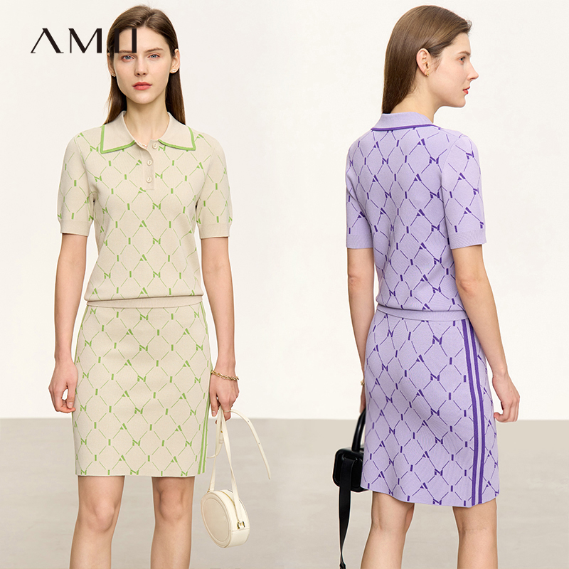 Amii2023夏新款撞色字母格纹提花短袖毛针织衫半身裙套装女两件套