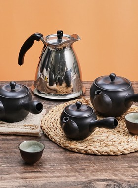 日本原装进口万古烧万宝窑陶瓷茶壶黑色侧把壶家用泡茶壶急须