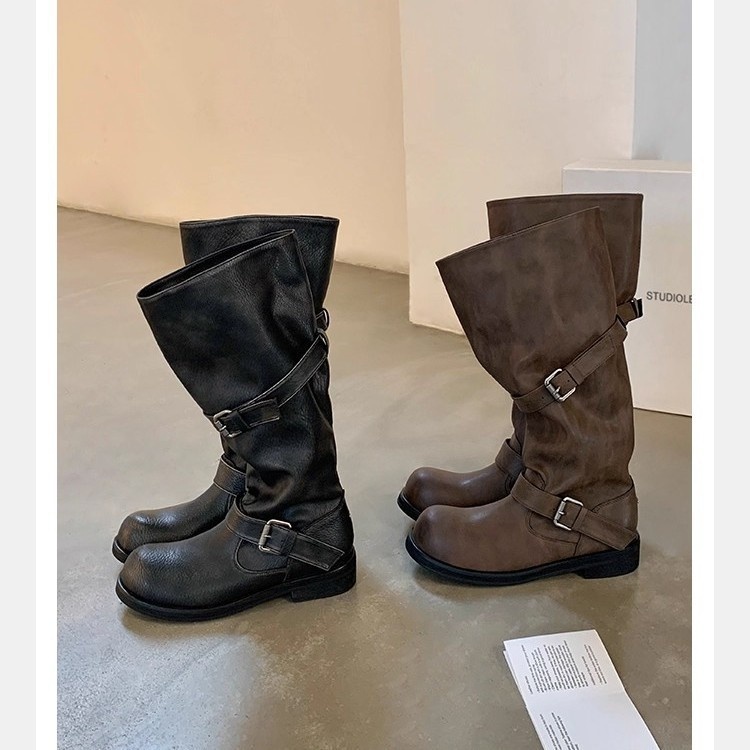 2025葡萄妈同款 宽筒大筒围圆头裤管靴粗跟厚底真皮中长筒骑士