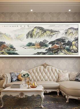纯手绘富水长流客厅挂画手绘山水画中式背景墙壁画办公室挂画