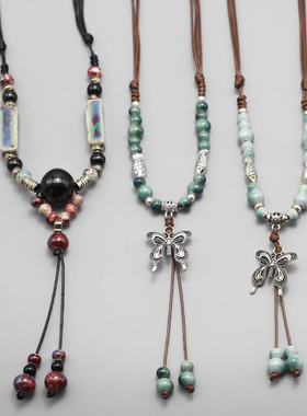 新中式民族风波西米亚蝴蝶项链女吊坠毛衣链挂脖配饰可调节